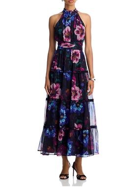 AQUA Floral Halter Guest of Maxi Dress
